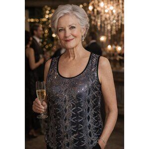 By Chico's Black Silver Sequin Sleeveless Tank Top size 1 Medium 8/10